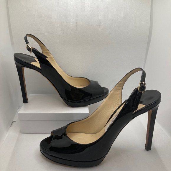 Jimmy Choo Shoes - Jimmy Choo Black Patent Leather Nova Peep Toe Slingback Platform Sandals Size 5